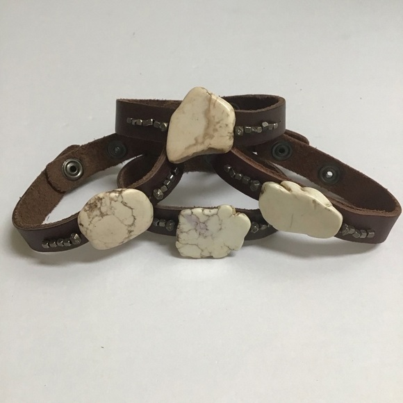 Leather Bracelet Snap Cuff Howlite Beads Closure Adjusts Boho Made In Mexico NEW - Picture 1 of 12